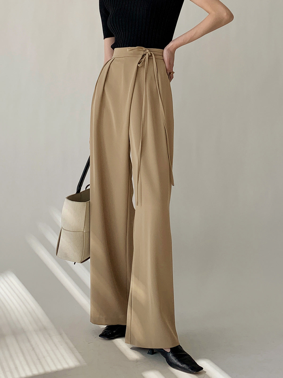 flowy dress pants Tie Waist Wide Leg stretchy material has excellent Color:BROWN LEATHER Sophie's Black Long Sleeve pm_80