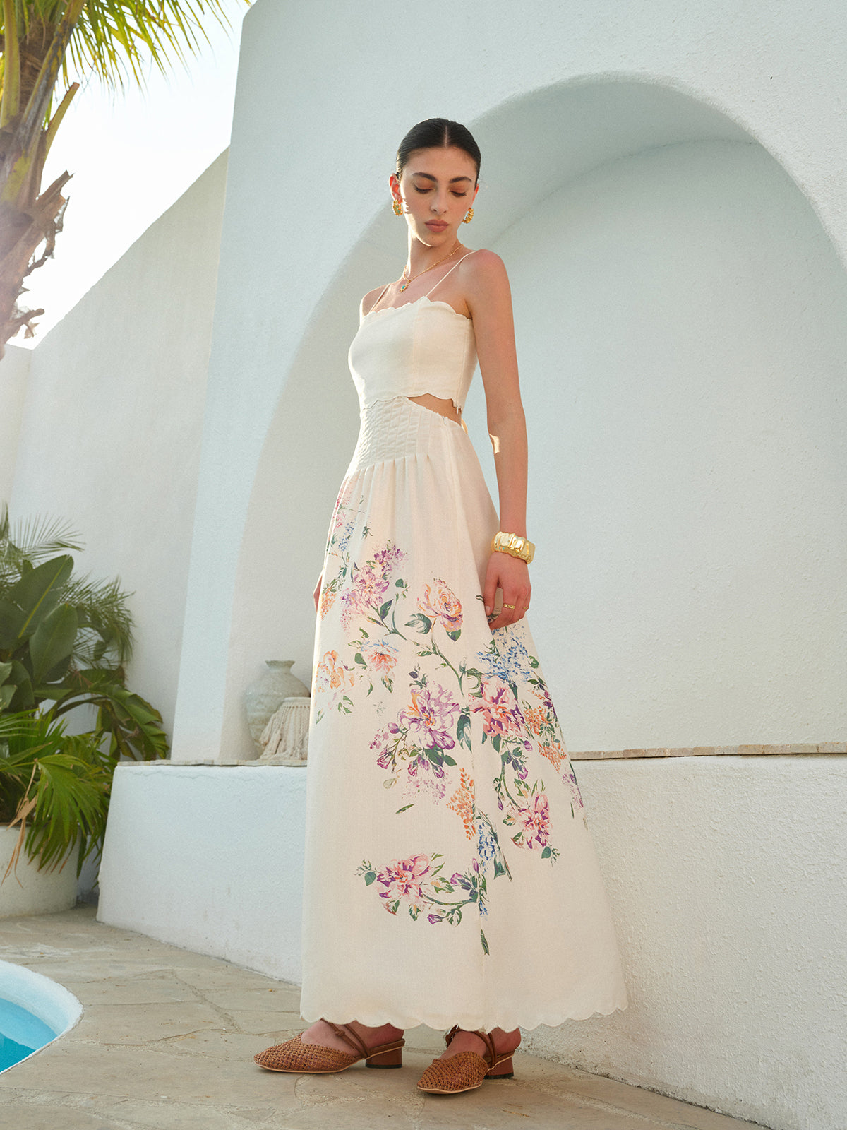 knee length dresses for ladies Sherri Hill Floral Print Lace-Up Prom Dress 57223 Ivory/Blue / 2 main image 1