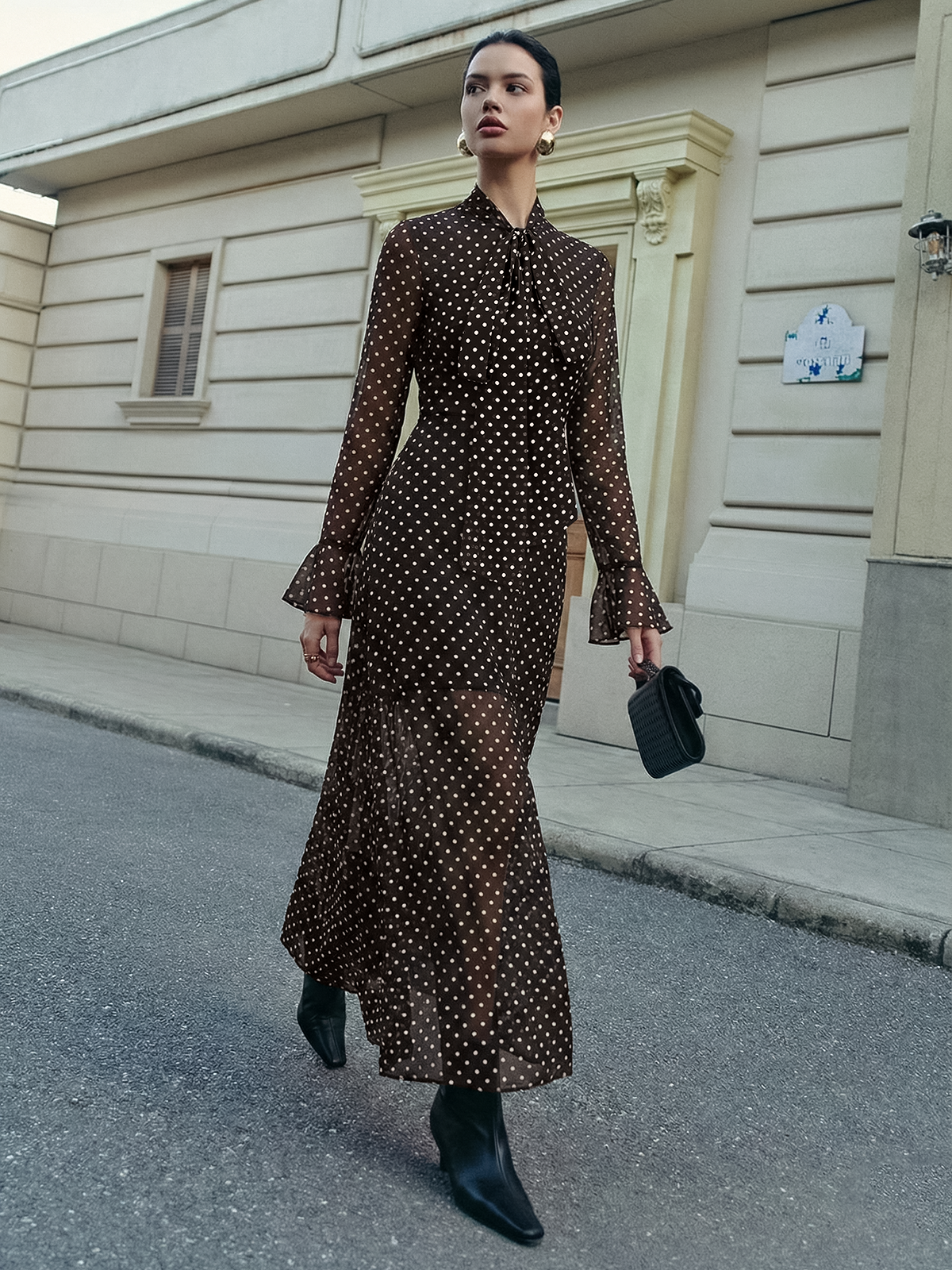 long sleeve maxi polka dot dress White Polka Dot Long Sleeve Collared Maxi Shirt Dress with Belt