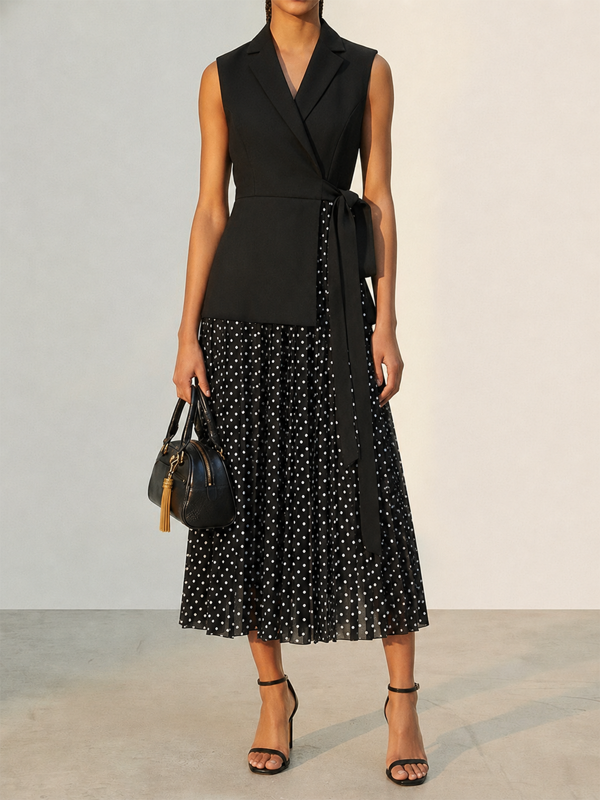 maxi dress with blazer outfit Tie Waist Blazer-Style Polka Dot Maxi Dress