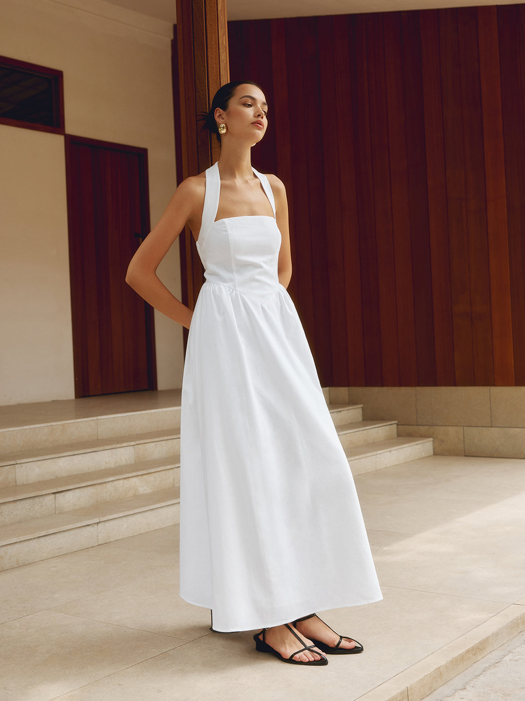 cotton halter dress Women's Bohemian Blue T-Back Maxi Cotton & Linen Halter A