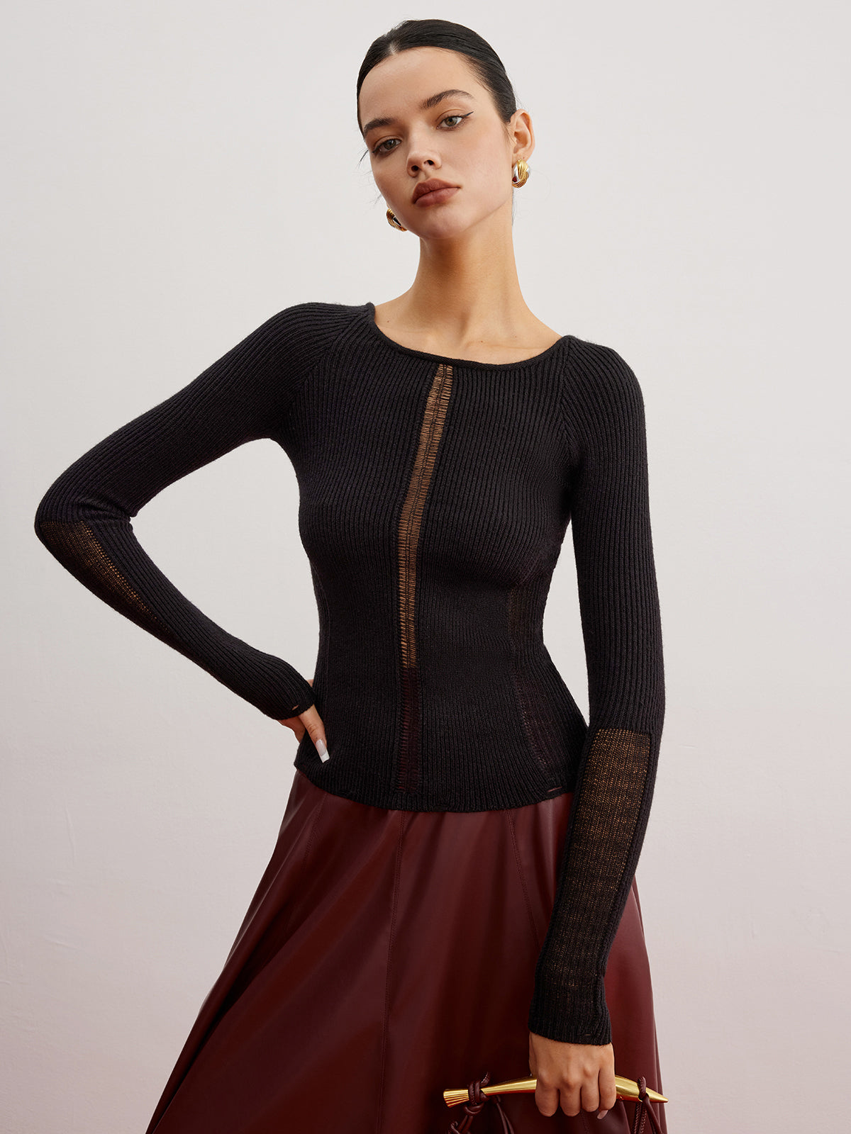Sheer Panel Ribbed Slim Sweater | COMMENSE