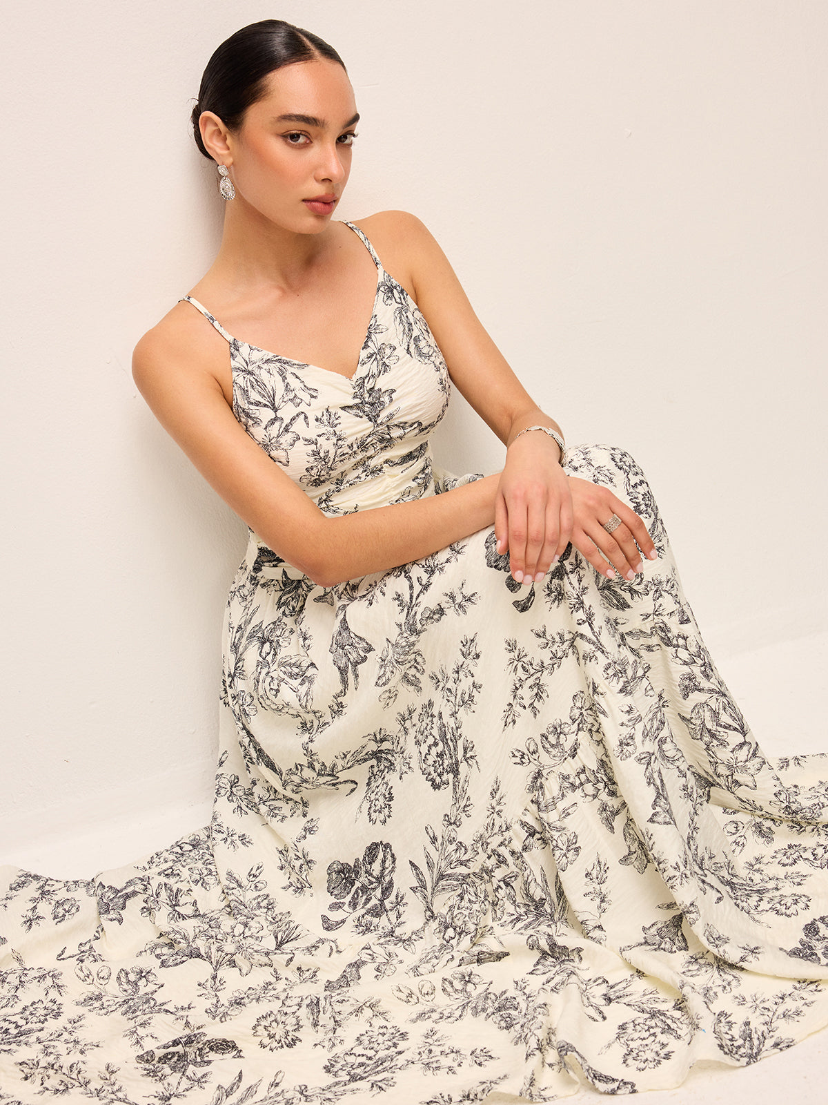 floral print ruched cami dress Floral Print Ruched Cami Dress With High Split