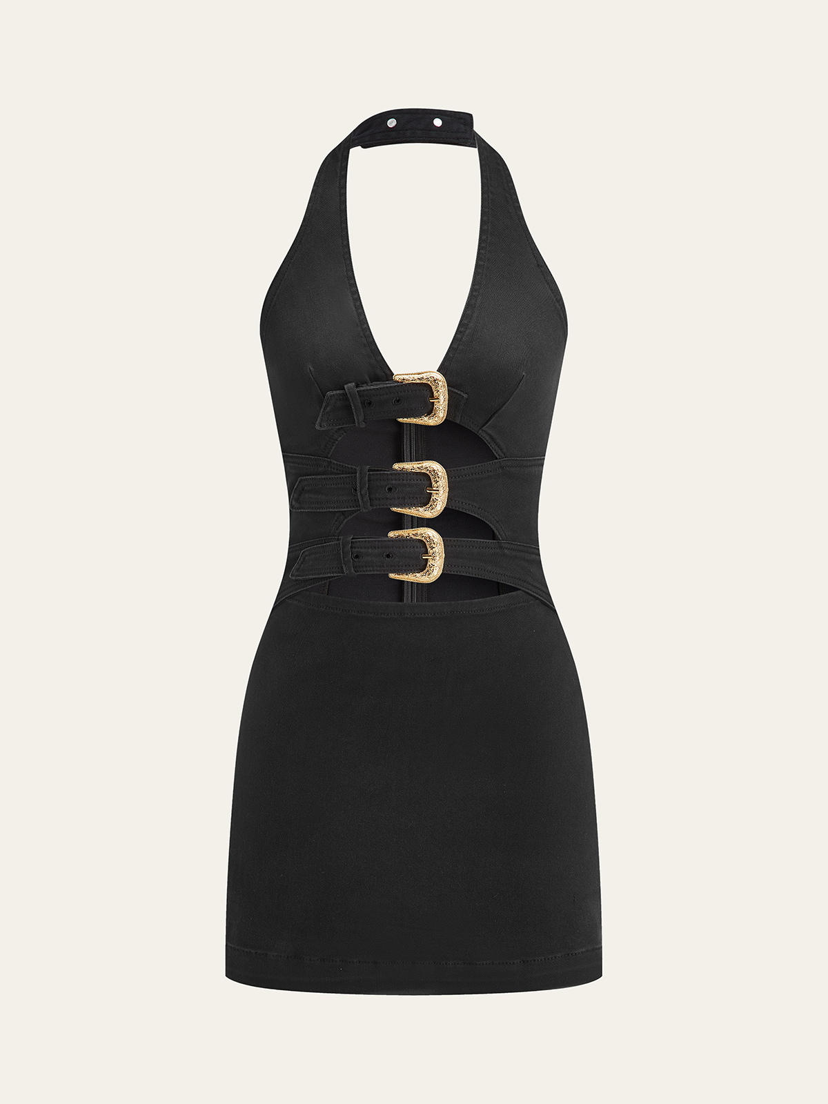 halter neck buckle detail denim dress Halter Neck Buckle Detail Denim Dress