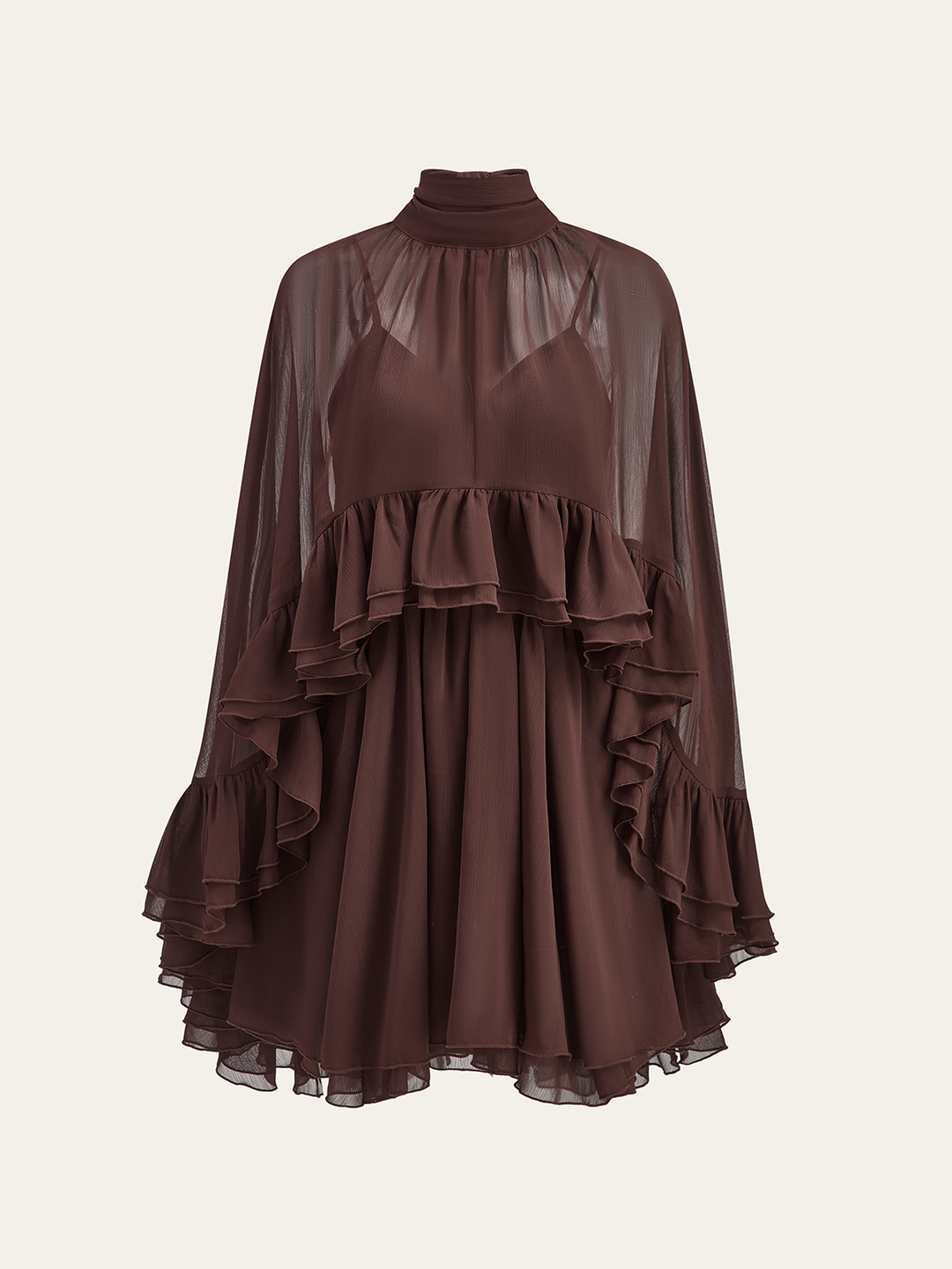 semi sheer chiffon ruffle dress with outer cape Semi-Sheer Regular Material Size:60 Long Strapless Black Dress Ring Fabric:JERSEY