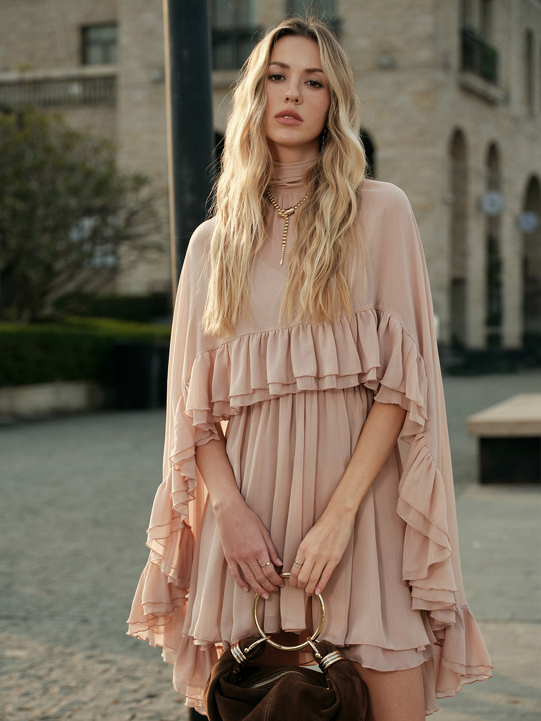 semi sheer chiffon ruffle dress with outer cape Semi-Sheer Outer Cape Layered Style Oversized Band T-Shirt Dress Pink Prom Dresses Color:Dark Forest