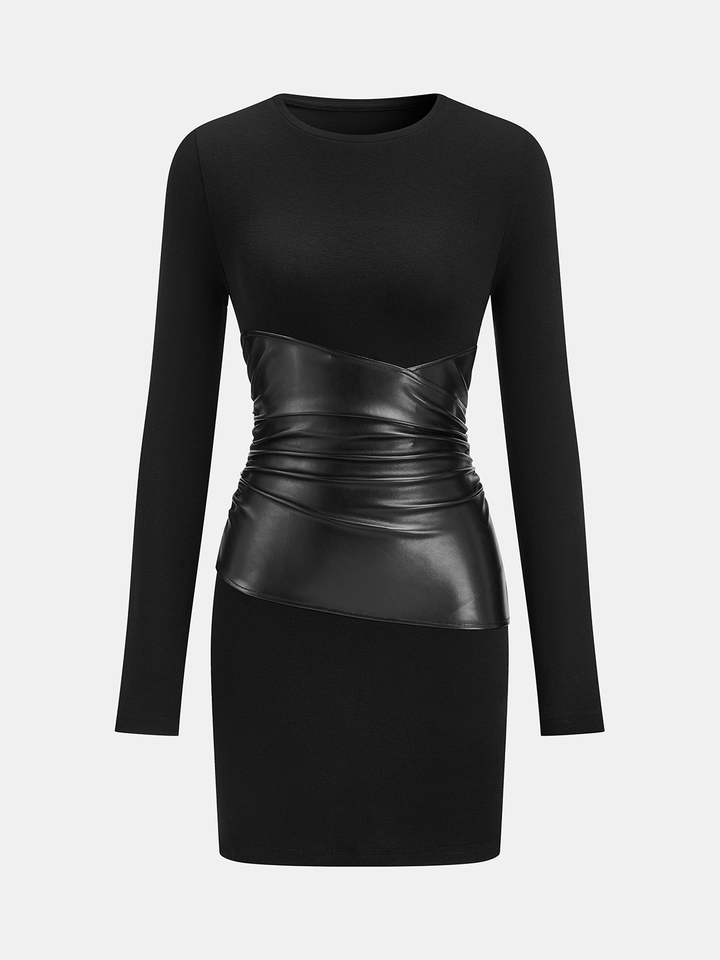 long sleeve faux leather dress PU Leather Panel Long Sleeve Knit Dress