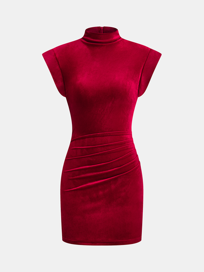 Velvet Mock Neck Ruched Sleeveless Dress Velvet Mock Neck Ruched Sleeveless Dress