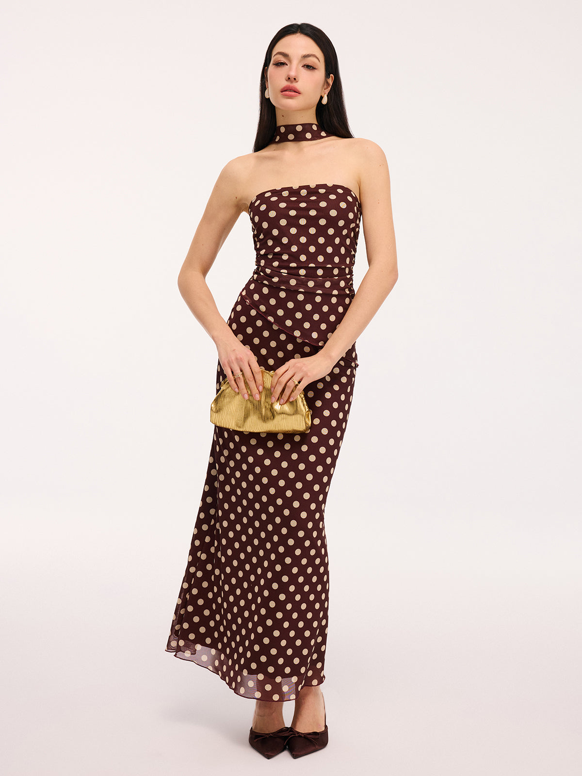 Polka Dot Ruched Scarf Top & Maxi Skirt Set Polka Dot Ruched Scarf Top & Maxi Skirt Set
