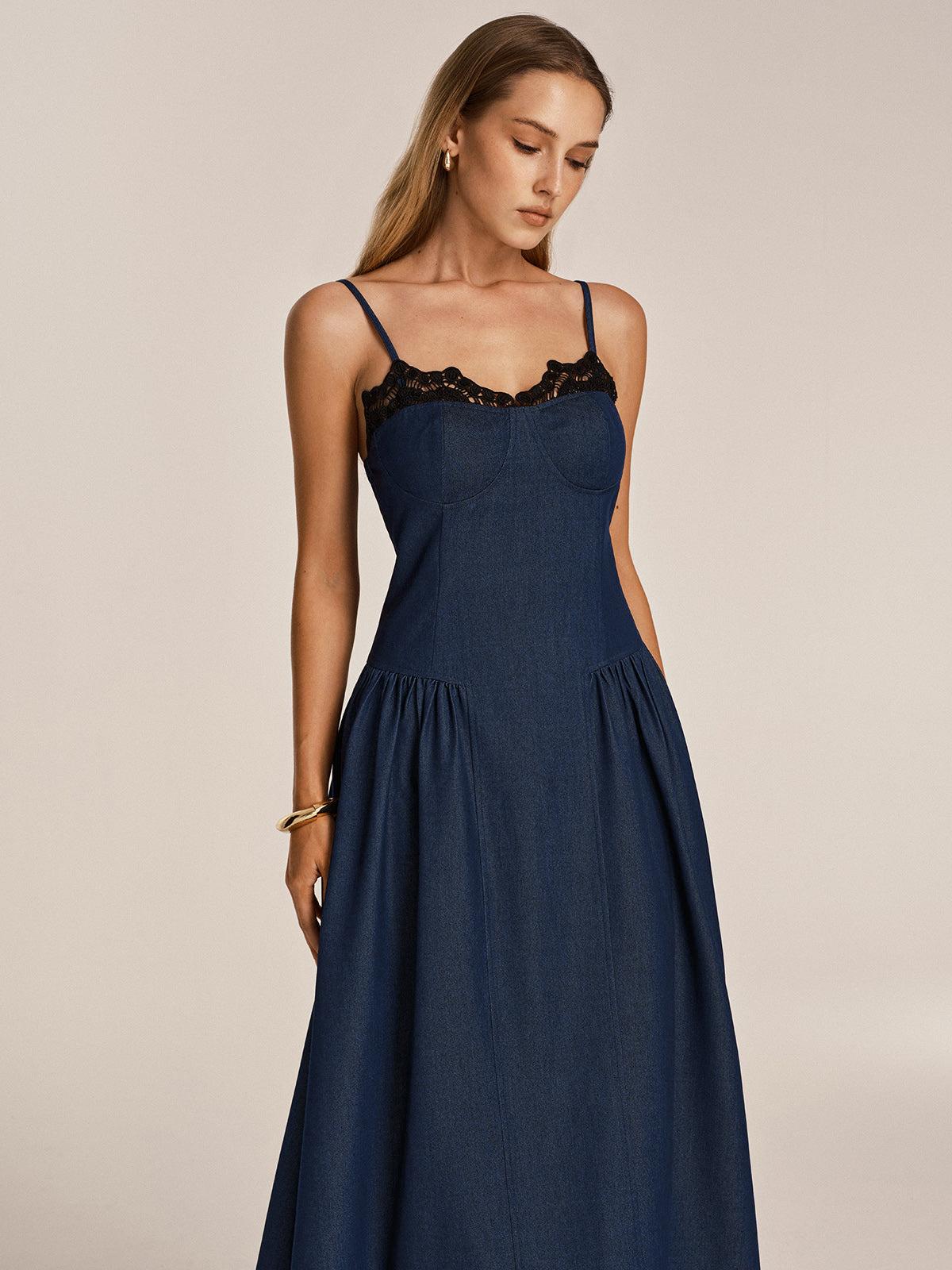 denim cami midi dress Women Solid Color Sleeveless Denim Cami Midi Dress, Multi Buttons Pockets Flared Swing Casual Dress