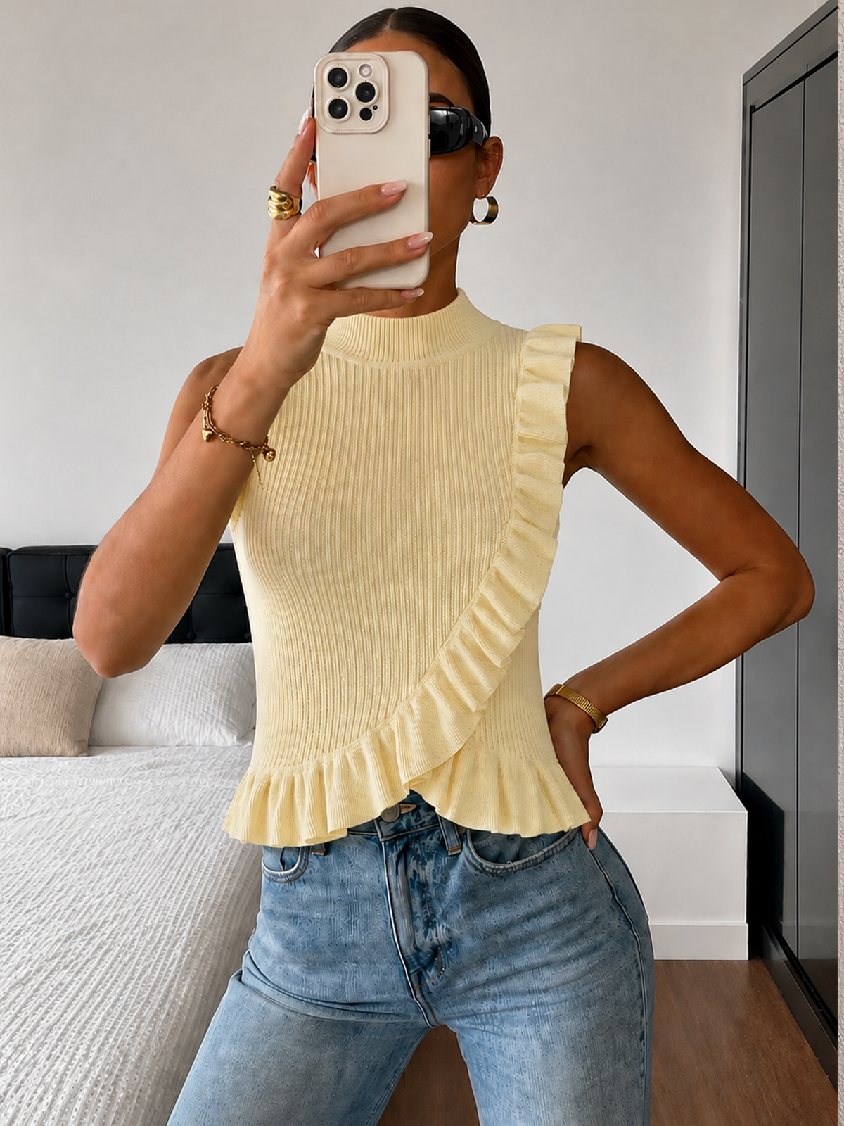 Ribbed High Neck Ruffle Sleeveless Top | COMMENSE